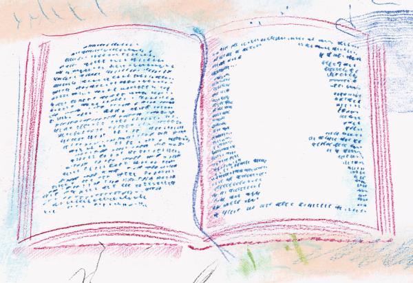 Illustration of a book open flat, with a blue string along the center spine -- on the left page, a male head in profile made up of blue handwritten lines; on the right page, a facing head in profile made up of white space surrounded by blue handwritten lines