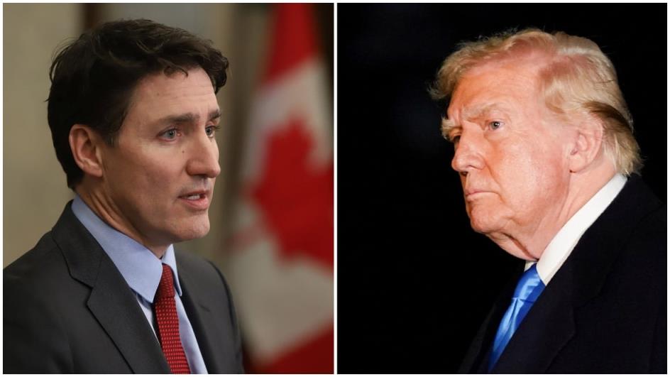 Composite illustration featuring Canadian Prime Minister Justin Trudeau, left, and U.S. President Do<em></em>nald Trump.