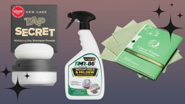 An aerosol-free dry shampoo, an instant mold-and-mildew-removing spray and oil-blotting sheets.