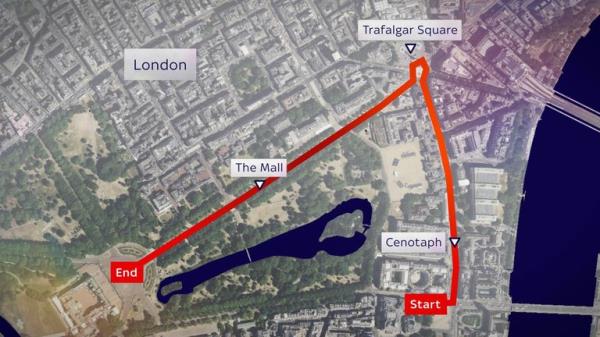 Map showing the route of the VE Day procession in London
