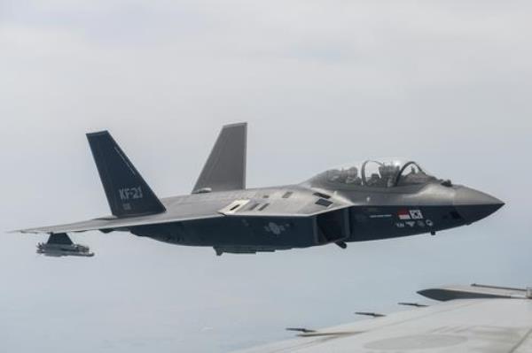 This photo provided by Korea Aerospace Industries Ltd. (KAI) shows a KF-21 prototype in a test flight with Brig. Gen. Azzan Ali Abdulazeez Alsharhan Alnuaimi, head of the Air Force Warfare Center of the United Arab Emirates, aboard on April 16, 2025. (PHOTO NOT FOR SALE) (Yonhap)
